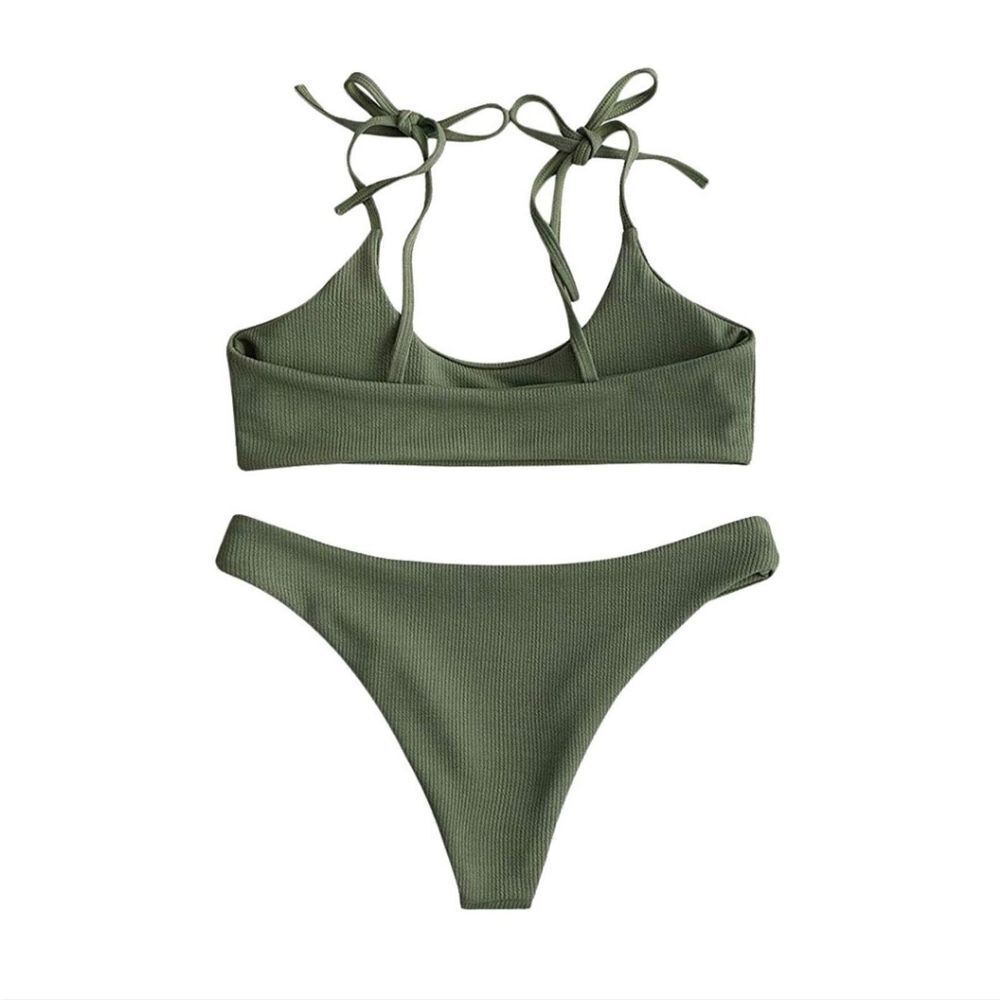 Zaful Bikini Swimsuit Strappy Lace Up Top Ribbed Olive Green Size L (8) - NWT - Picture 2 of 10
